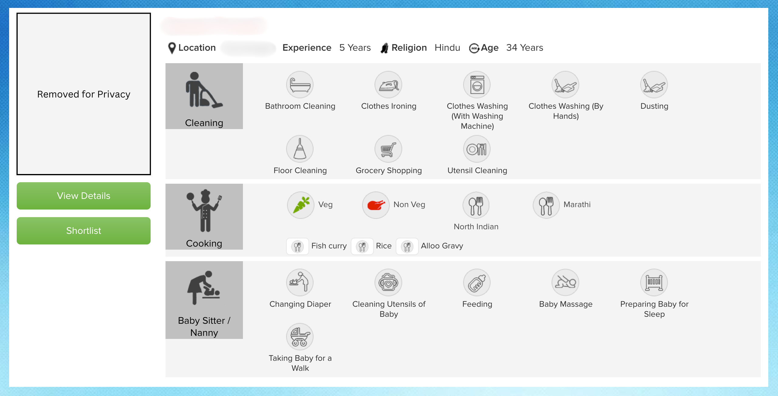 Worker profile on BookMyBai.com